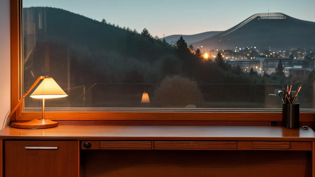 Blick vom Arbeitszimmer in Durlach auf den Turmberg bei Dämmerung.