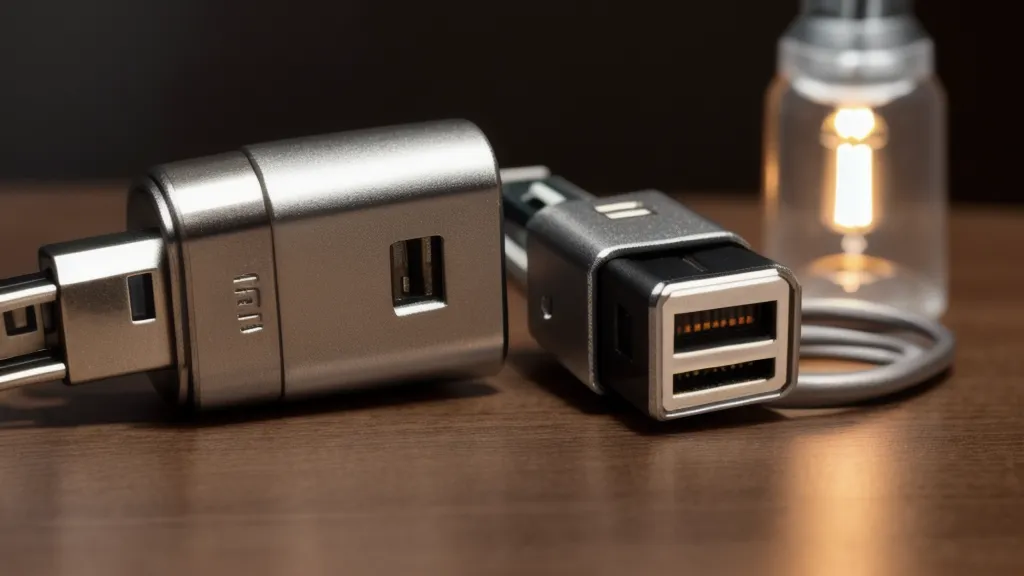 USB-Kabel und ein metallischer Eingabebecher auf einem dunklen Holzschreibtisch für radionische Hardware.