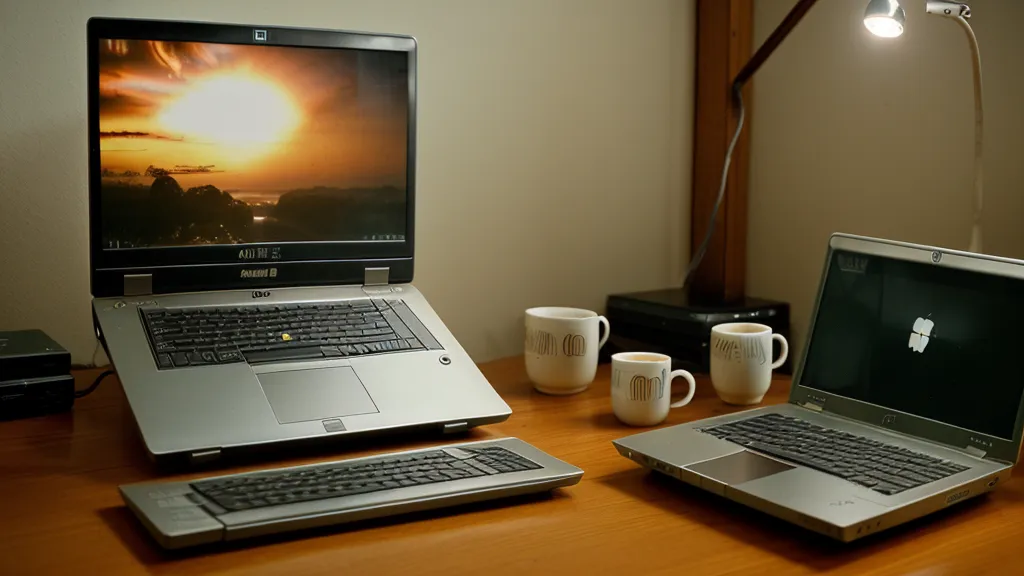 Laptop mit einer Radionik-Software-Oberfläche neben einer Kaffeetasse auf einem Holzschreibtisch, Interface-Test für Heimanwender.