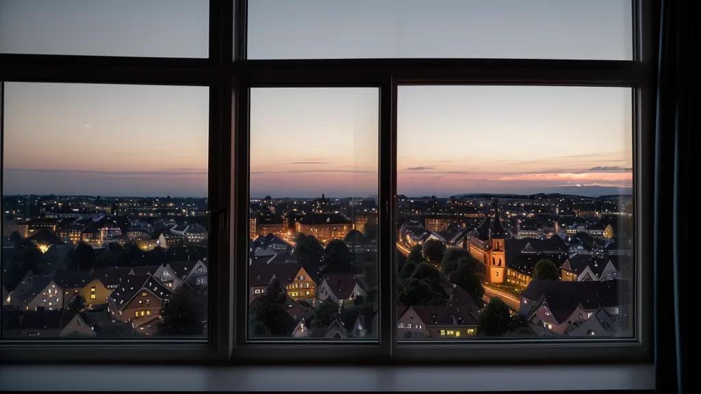 Blick aus dem Fenster auf den Turmberg bei Dämmerung mit Spiegelung eines Monitors.