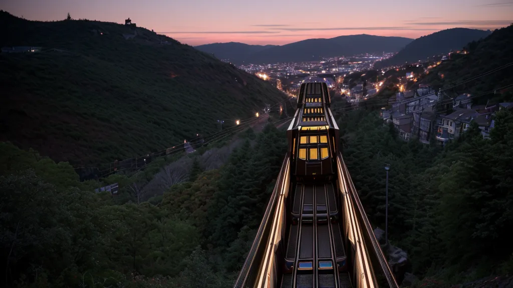 Blick aus dem Arbeitszimmer auf den Turmberg-Lift in Karlsruhe-Durlach bei Dämmerung.